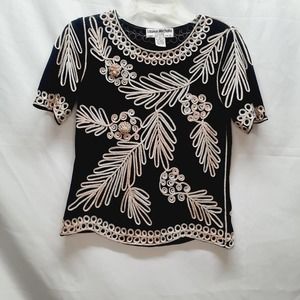 Lauren Michelle Petite Black Short Sleeve Pink & Cream Metallic Ribbon Top PS